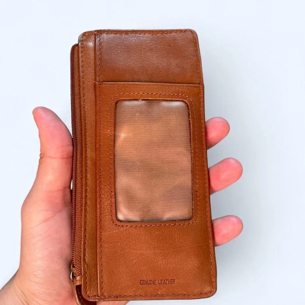 Brown leather wallet with multiple card slots and a zippered compartment